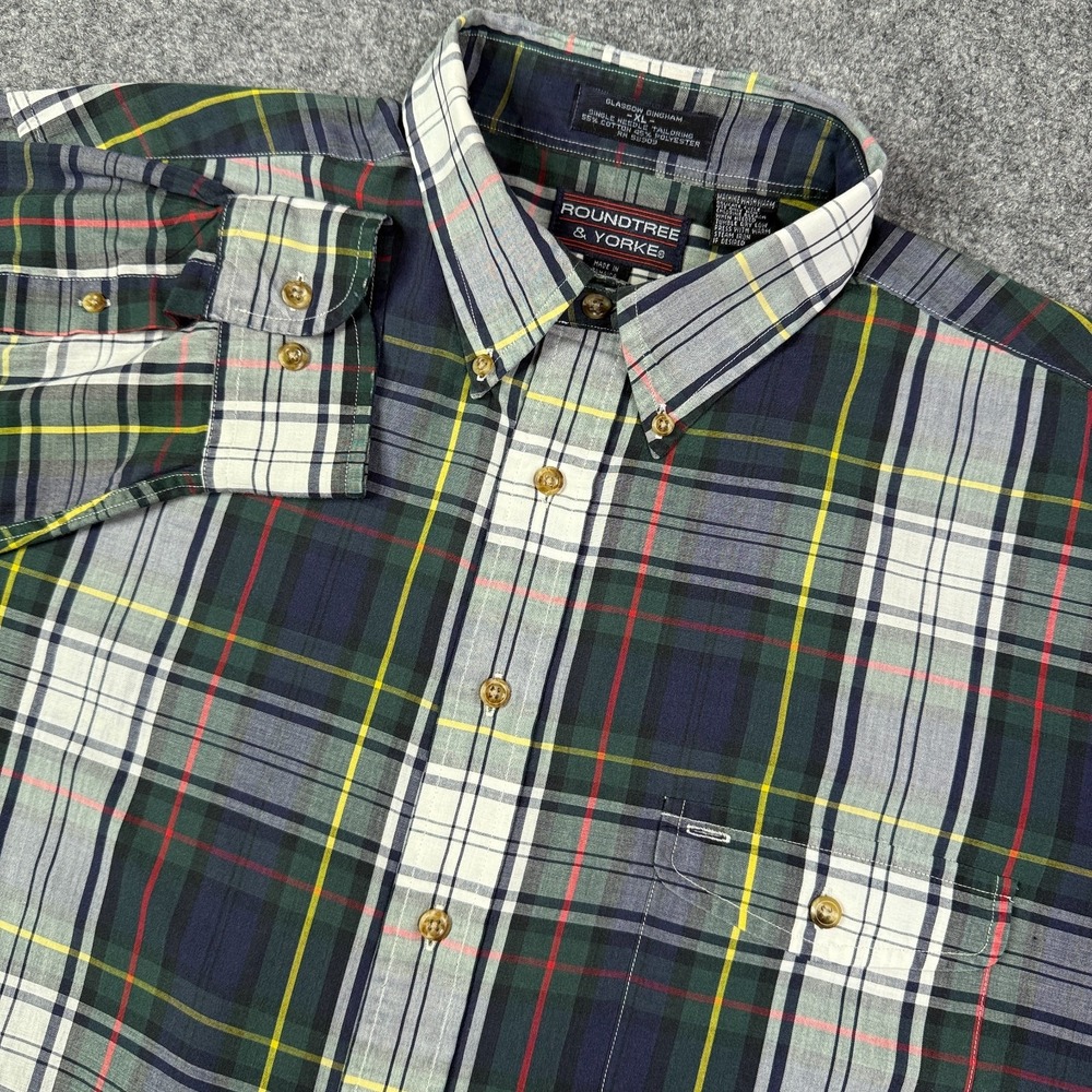 Roundtree & Yorke Glasgow Gingham Shirt Men's XL Plaid Button Down Single Needle